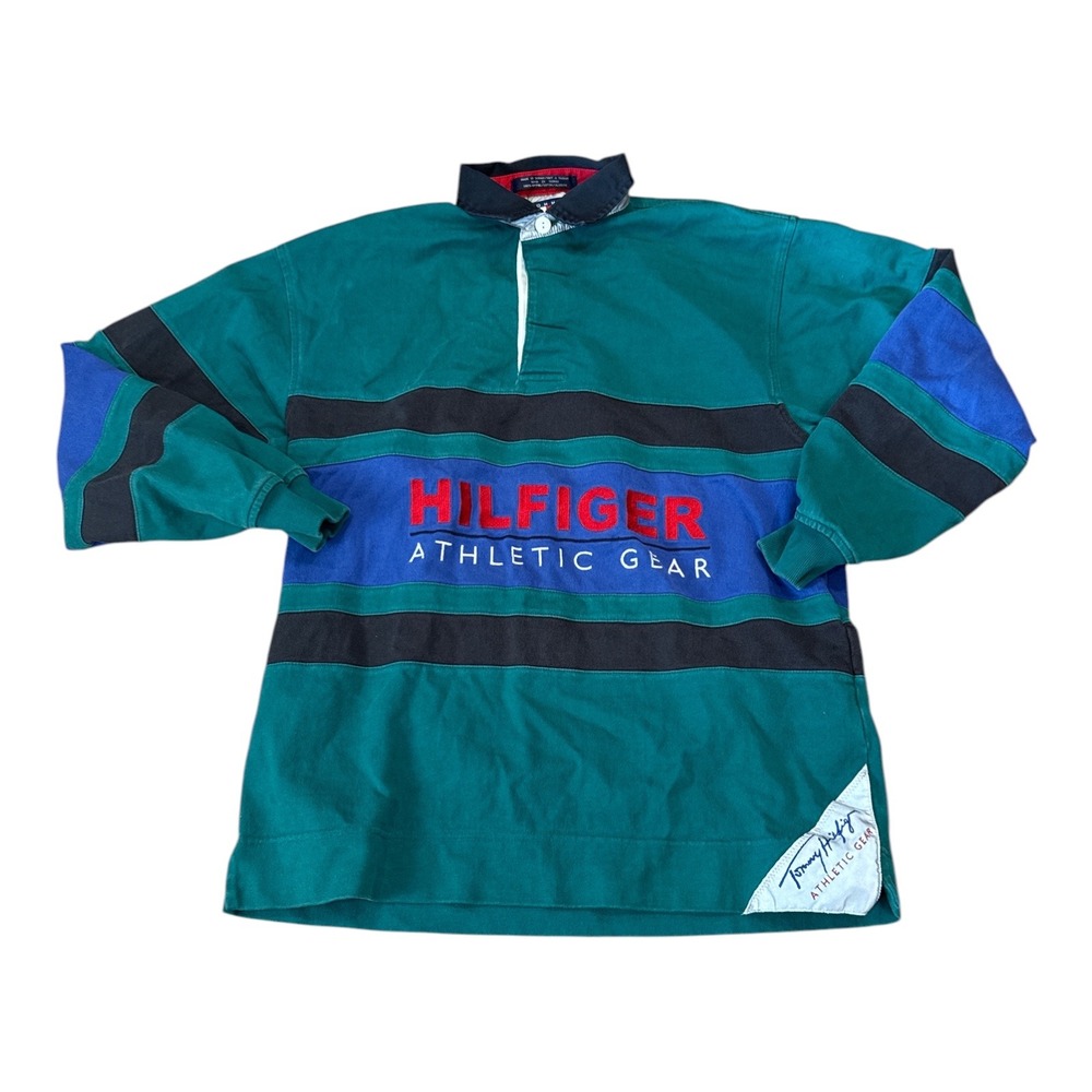 Vintage Tommy Hilfiger Athletic Gear Rugby Shirt Green Blue Colorblock Men Small